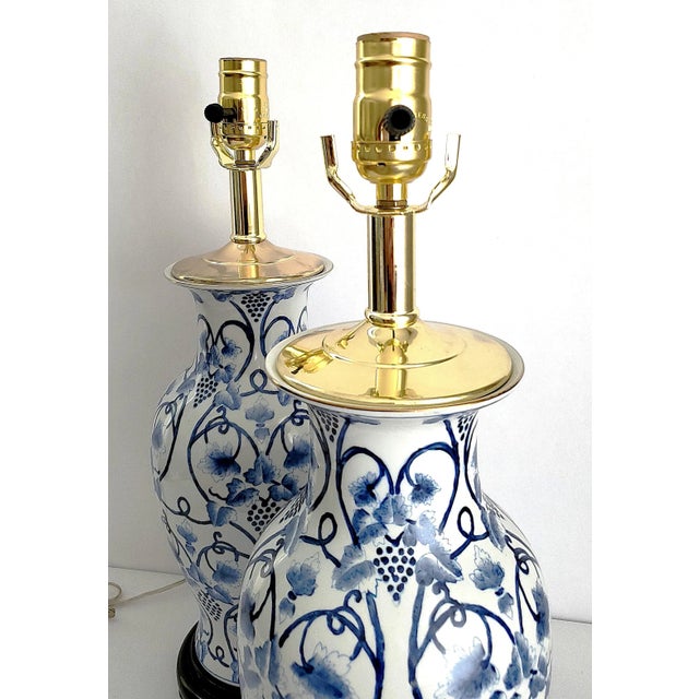 Wood Lamp Pair Blue & White Pair Ginger Jar Style For Sale - Image 7 of 11