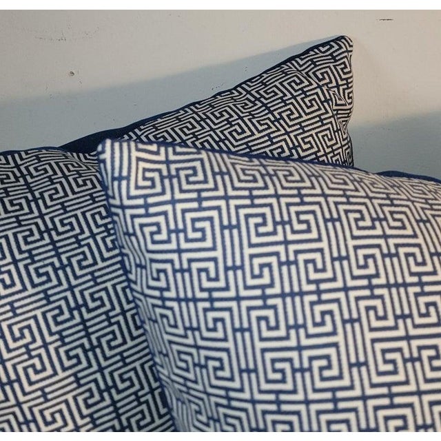 Pair of cotton Blue and white Greek key pattern Pillows with blue linen backing. Down and Feather inserts custom made.