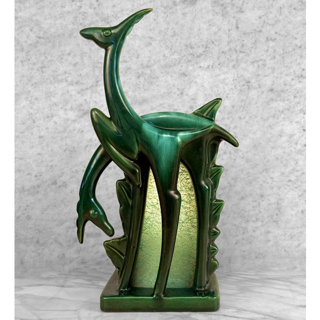 Mid-Century Modern Mid-Century Abstract Art Deco Green Ceramic Gazelle Tv Lamp For Sale - Image 3 of 9