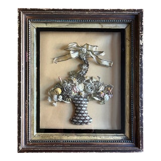 Antique 19th Century Shadow Box Containing a Soft Sculpture of a Flower Basket Made Entirely of Silk Ribbons For Sale