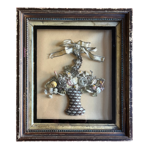 Antique 19th Century Shadow Box Containing a Soft Sculpture of a Flower Basket Made Entirely of Silk Ribbons