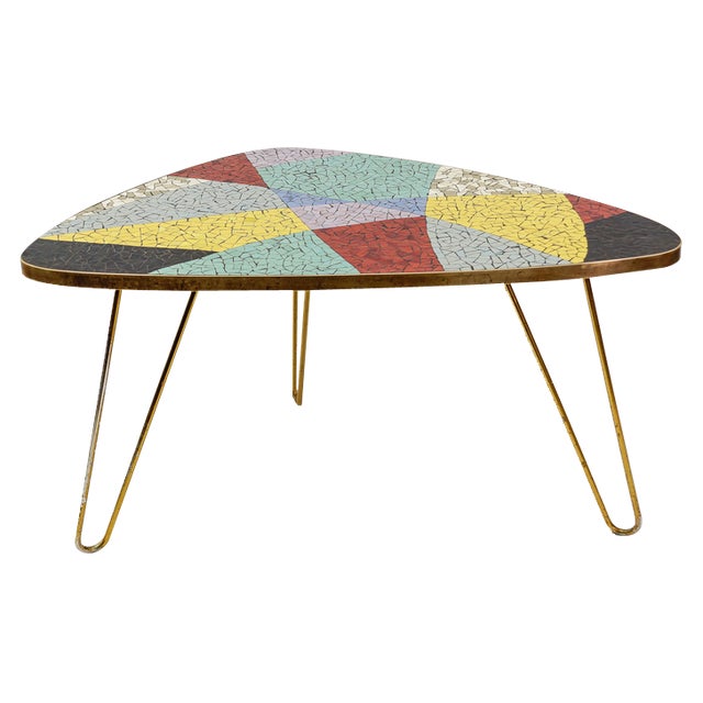 Colorful Mosaic and Brass Coffee Table, Italy, 1950s For Sale
