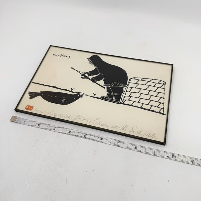 Metal Vintage Inuit Print “Eskimo at the Seal Hole” by Henry Napartuk, Signed For Sale - Image 7 of 7
