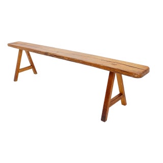 Rustic Wood Farmhouse Bench with Trestle Legs, 1960s For Sale