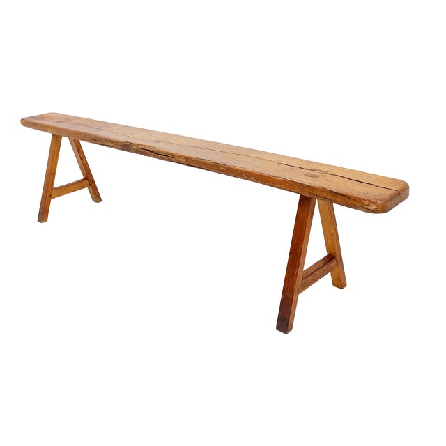 Rustic Wood Farmhouse Bench with Trestle Legs, 1960s For Sale