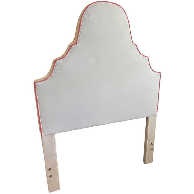 Custom Upholstered Twin Headboards in Ivory Canvas With Pink Contrast Welt Scalloped Silhouette Coastal Hollywood Regency For Sale - Image 11 of 15