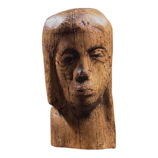 Vintage Hand Carved Folk Art Modernist Portrait Bust For Sale