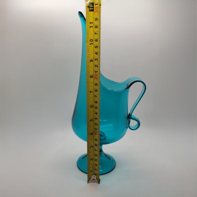 Glass Vintage Le Smith MCM Aqua Glass Pitcher Candleholder Vase Simplicity Design For Sale - Image 7 of 10