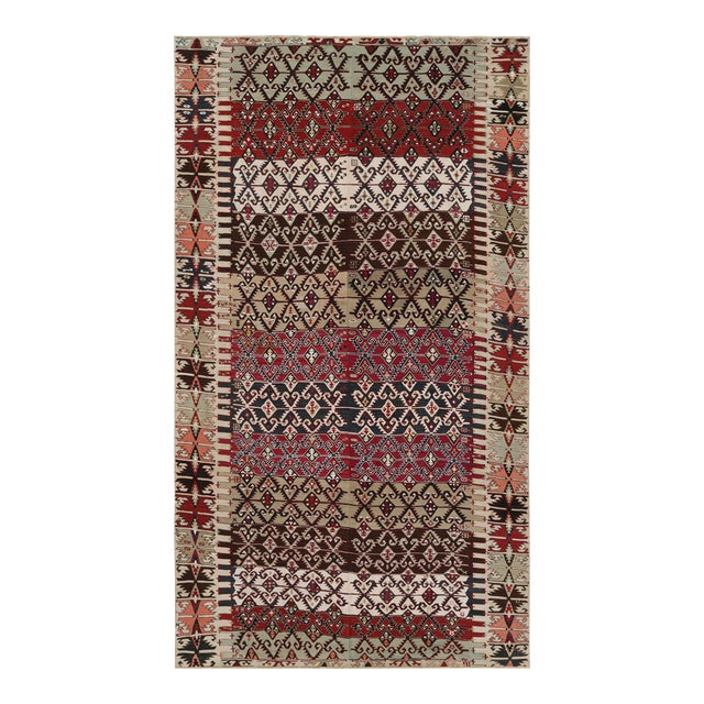 Vintage Mid-Century Fethiye Diamond Red and Gold-Yellow Wool Kilim Rug For Sale