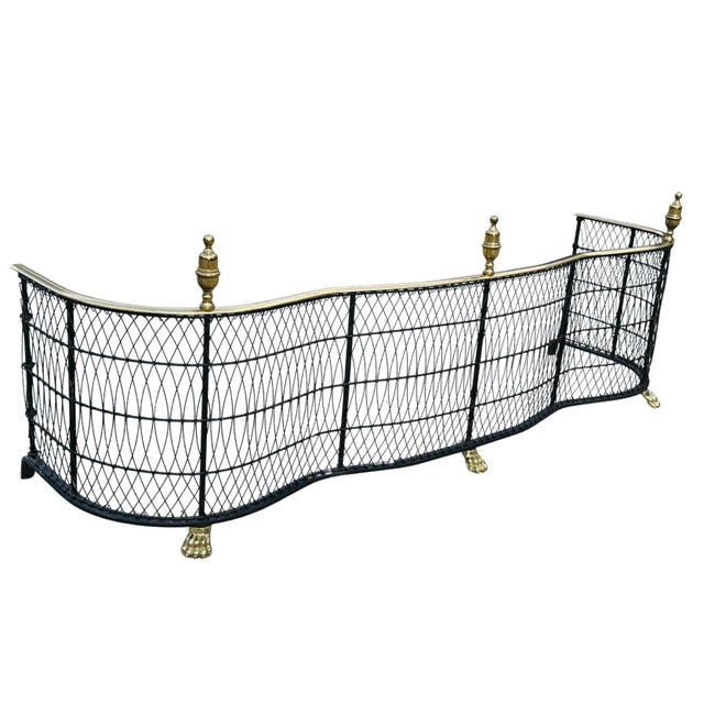 Vintage Brass Fireplace Fender – Federal Regency Serpentine Hearth Guard with Lion’s Paw Feet & Wire Lattice Enhance your...