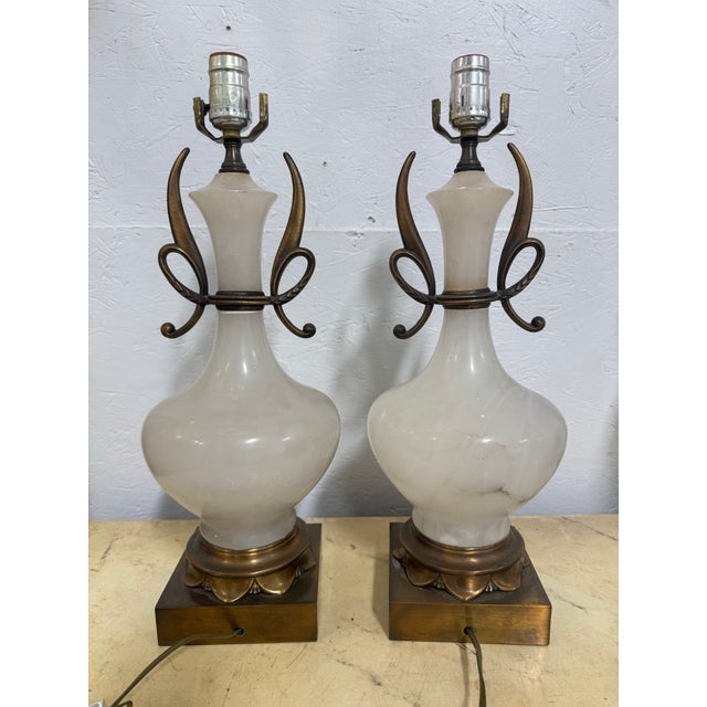 1960s 1960s Hollywood Regency Alabaster Bronzed Lamps - A Pair For Sale - Image 5 of 6