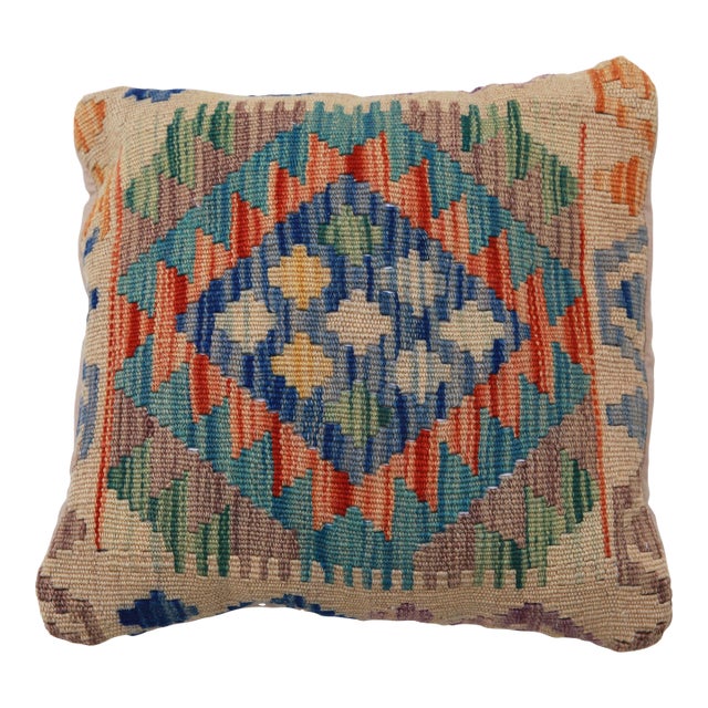 Arteverk Handwoven Afghan Kilim Pillow — Blue & Red Diamonds For Sale