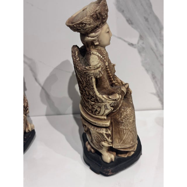 Pair of Antique Chinese Emperor & Two Empress Carved Oriental Figurines - For Sale - Image 9 of 12