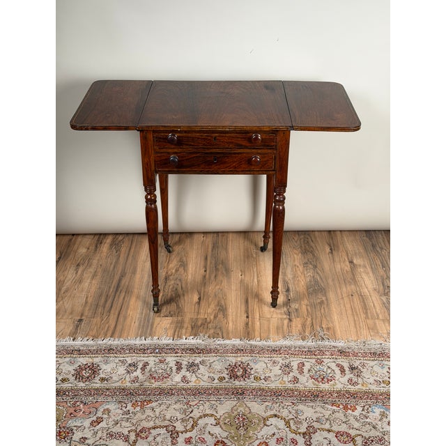English Regency Rosewood Two-Drawer Drop-Leaf Work Table With Brass and Satinwood Inlay, Circa 1820–1840 For Sale - Image 10 of 11