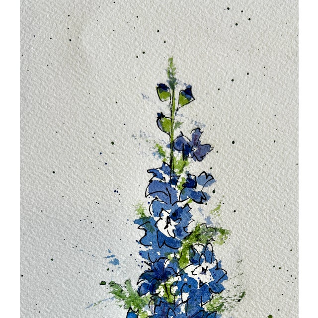 Original watercolor and India ink painting of a delphinium on my flower farm. The painting is Approximately 10 x 22...