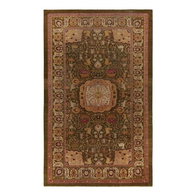 Brown Antique Amritsar Rug in Greenish-Brown, Pink & Gold Medallion With Pictorials For Sale - Image 8 of 8