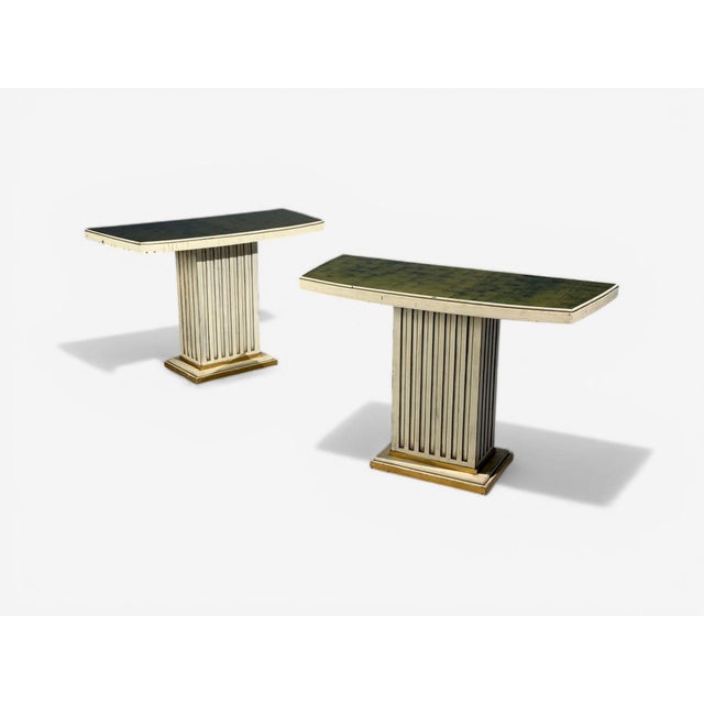 Pair Maison Jansen Painted and Eglomise Emerald Green Glass Top Console Tables For Sale - Image 9 of 14