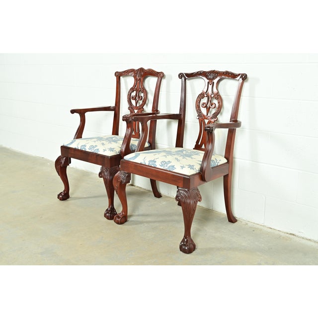 English Baker Furniture Chippendale Carved Mahogany Armchairs or Dining Captain Chairs, Pair For Sale - Image 3 of 12