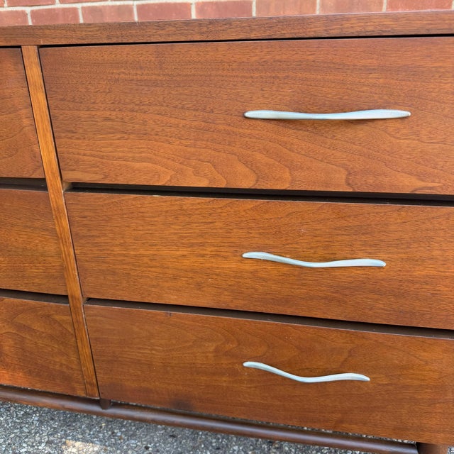 Brown Mid 20th Century Lane Acclaim Walnut 9-Drawer Lowboy Dresser by Andre Bus for Lane Furniture For Sale - Image 8 of 9