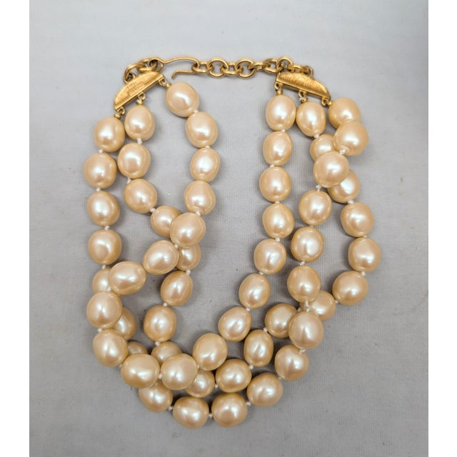 Vintage Signed Monet Goldtone 3-Strand Faux-Baroque Pearl Collar Necklace For Sale In Philadelphia - Image 6 of 10
