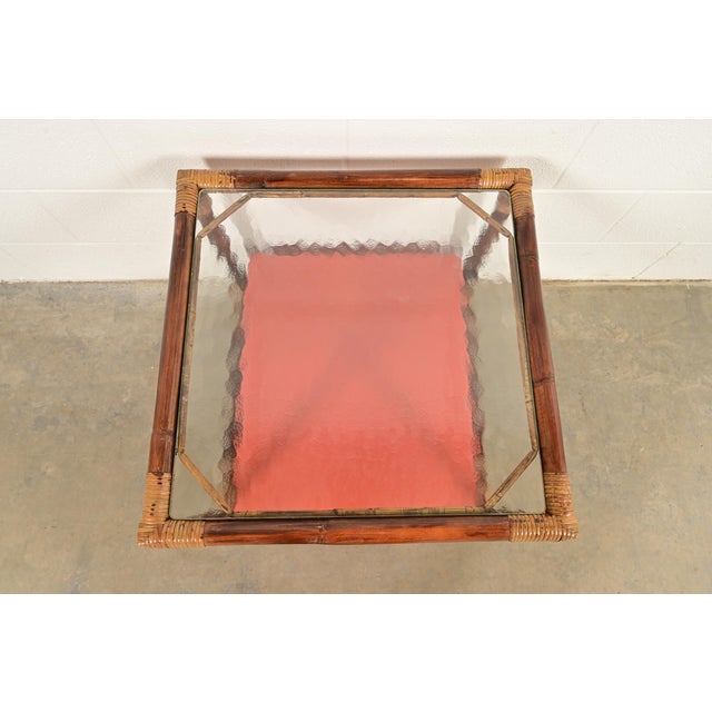John Wisner for Ficks Reed Mid-Century Hollywood Regency Bamboo Rattan Glass Top Side Table, 1950s For Sale - Image 11 of 14