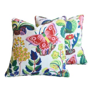 Schumacher Exotic Butterfly & Botanical Floral Feather/Down Pillows 18" Square - Pair For Sale
