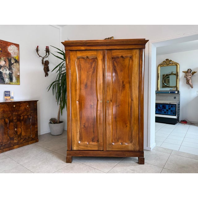 Original Biedermeier Wardrobe in Walnut Veneer with Clothes Rail For Sale - Image 9 of 10