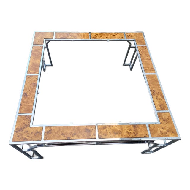 1970s Mid Century Modern Chrome Glass Top Square Coffee Table W Burl Wood Inserts For Sale