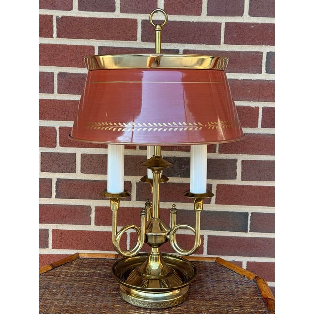 Red 1960s Maison Janson Style Brass and Red Toleware Bouillotte Table Lamp For Sale - Image 8 of 12