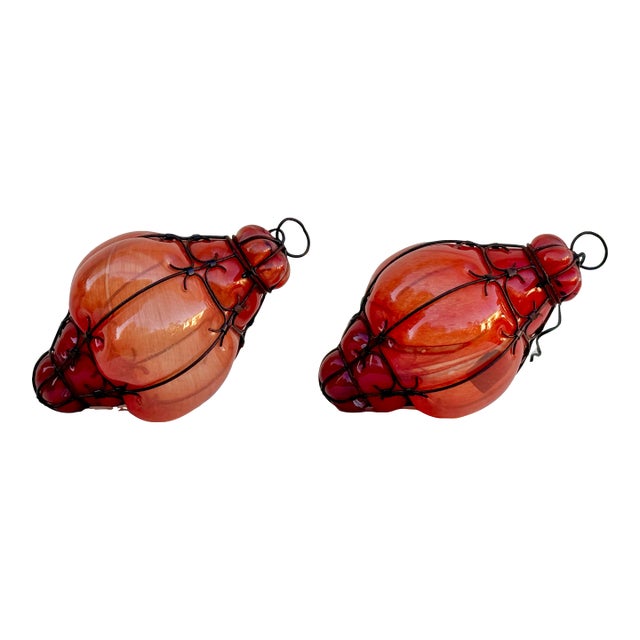 Light Pendants: Pair of Gorgeous Vintage Swirl Italian Murano-Style Caged Glass Lanterns in Coral/ Oranges: Caged Venetian Style For Sale