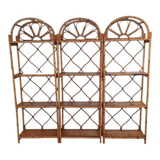 Vintage Boho Chic Set of 3 Bamboo and Wood Etageres For Sale