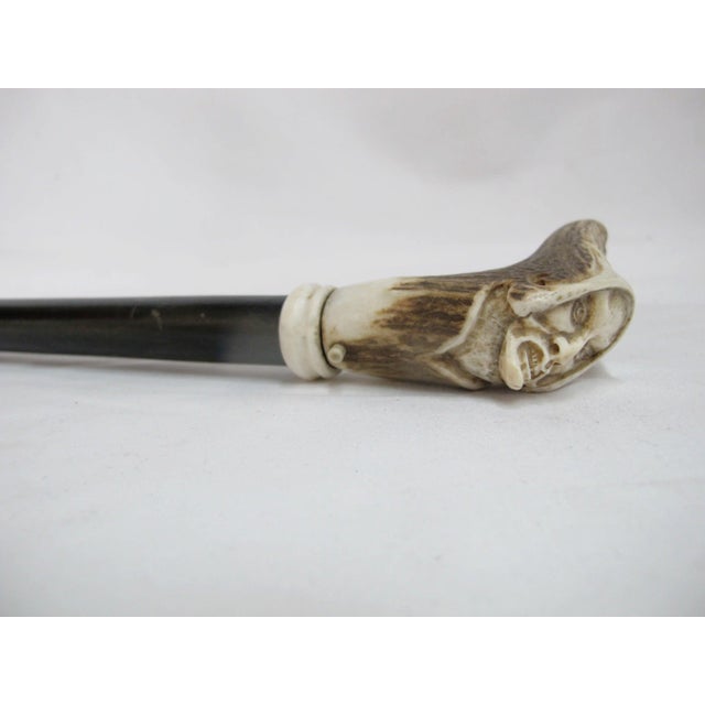 Early 20th Century Carved Deer Antler Grim Reaper Face Hidden Blade Folk Art Walking Stick Cane For Sale - Image 5 of 12