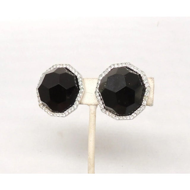 Vintage 1980s Signed Les Bernard Faceted Faux-Onyx & Clear Rhinestone Clip Earrings - 2 Pieces For Sale In Philadelphia - Image 6 of 8