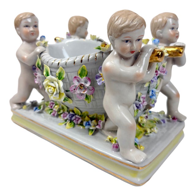 Antique 19th Century German Figural Porcelain Putti Basket or Jardiniere with Hand-Applied Flowers from Greiner & Sohne Rauenstein For Sale