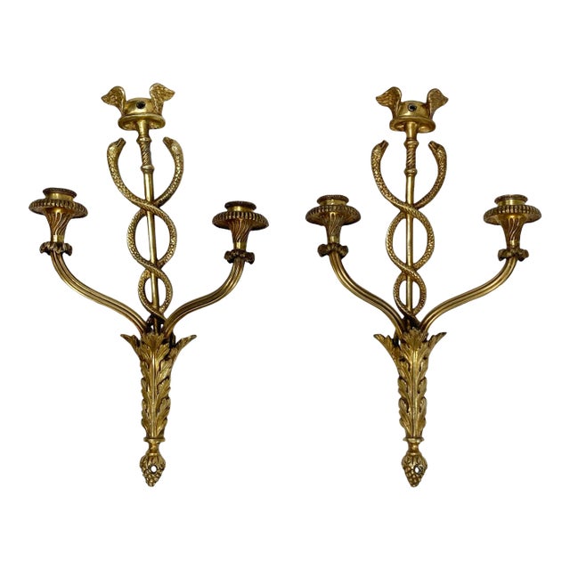 Vintage Caduceus Medical Symbol Brass Candle Wall Sconces, Pair For Sale
