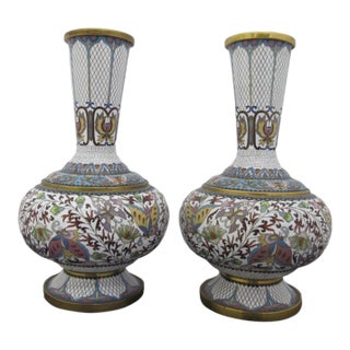 Chinese White Enamel Cloisonne Colorful Butterfly & Flower Vase Pair For Sale