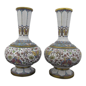 Chinese White Enamel Cloisonne Colorful Butterfly & Flower Vase Pair