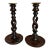 Pair Set Antique English Oak Open Barley Twist Candlesticks Candle Holder Brass For Sale