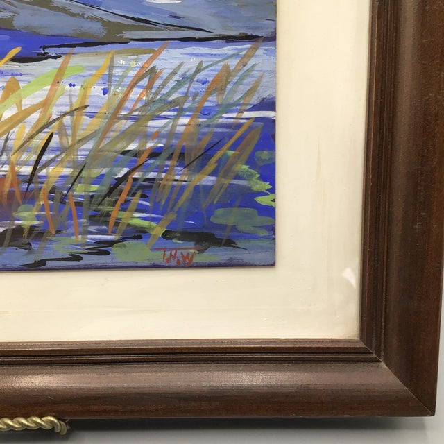 Blue "Ducks in Flight" Signed Impressionist Framed Painting For Sale - Image 8 of 13