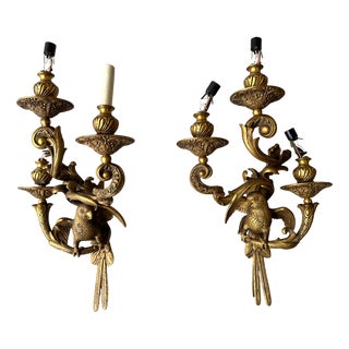 Vintage Bronze Wall Sconces with Parrots, 1930s, Set of 2 For Sale