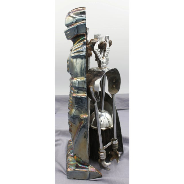 Circa 1920s-30s Knight Companion Fire Tool Set, English. Iridescent finish on cast iron. Polished steel Art Deco motif...