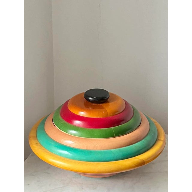 Stunning multicolored centerpiece box by Pietro Manzoni, Italy, 1970s. Crafted from premium linden wood, known for its...