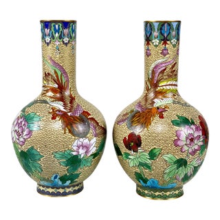 Vintage Chinese Cloisonne Birds of Paradise Brass & Enamel Vase - a Pair For Sale