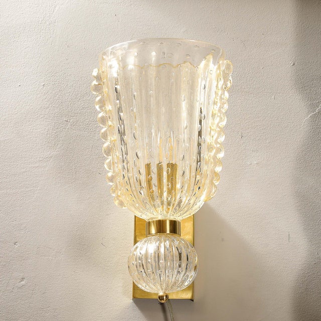 Gold Modernist Hand-Blown Murano Glass Sconces W/ Ruffled Detailing & 24k Gold Flecks For Sale - Image 8 of 12