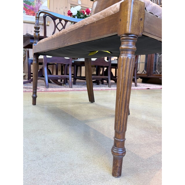 1940s Mahogany Sunburst Carved Leather Settee For Sale - Image 9 of 9