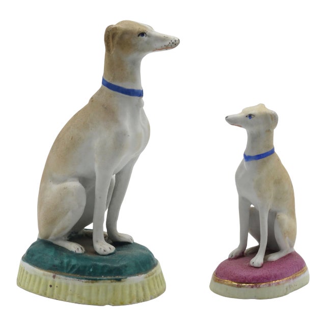 Antique Porcelain Bisque Whippets Figurines, S/2 For Sale