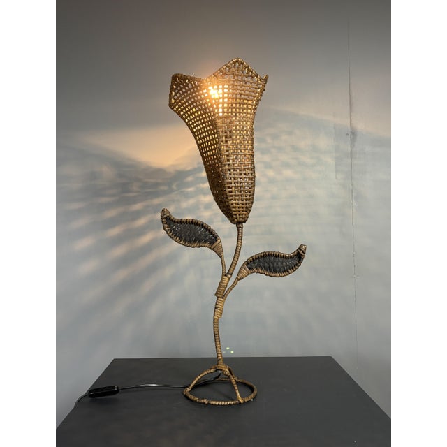Large Mid-Century French Rattan Wicker Flower Tulip Table Lamp, 1960s For Sale - Image 11 of 16