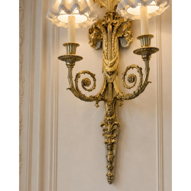 1860 French Artisan Louis XVI Gold Bronze Silk Sconces-Pair For Sale - Image 11 of 17
