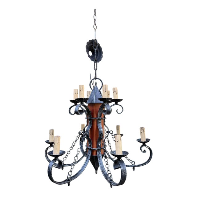 Made in Italy Mediterranean Revival Wrought Iron Style 12 Light Candle Chandelier For Sale