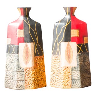 Terracotta Vases with Geometric and Textured Design, 1990s, Set of 2 For Sale